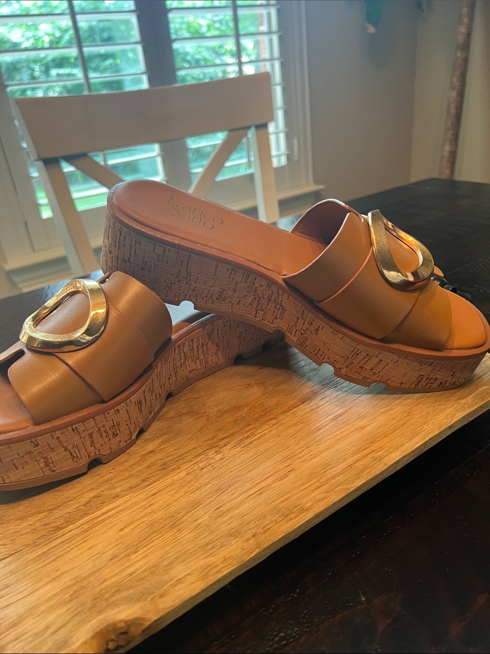 NWOT Franco Sarto Golden Tan/Cognac Leather Cork-Platform Slide with Gold Ring - Picture 3 of 7